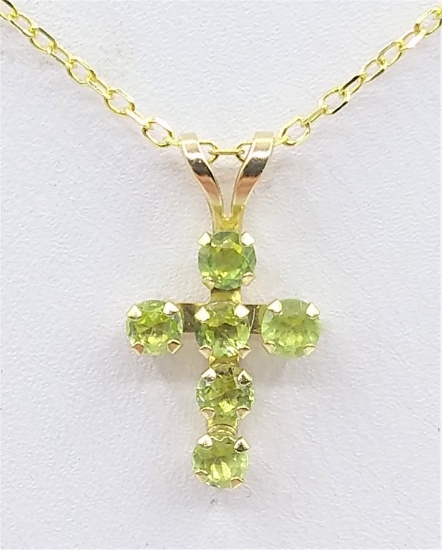 Yellow Gold Peridot Cross Pendant & Chain - New!