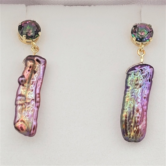 Yellow Gold Mother of Pearl & Mystic Quartz Earrings - New!