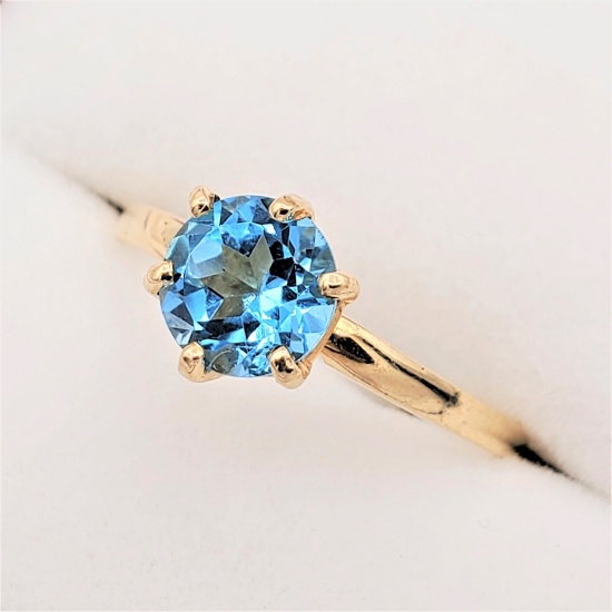 Yellow Gold Blue Topaz Solitaire Ring - New!