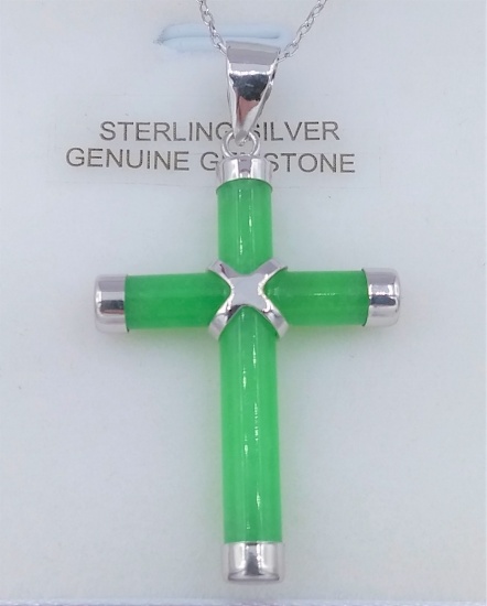 Sterling Silver Jadeite Cross Pendant & Chain - New!