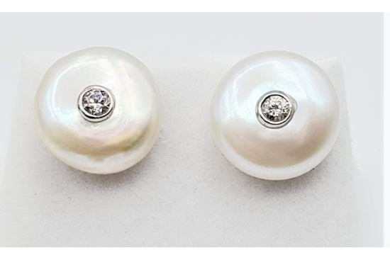 Button Pearl & CZ Earrings - New