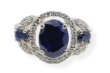 Blue Sapphire & CZ Ring, 3 Sapphire - New