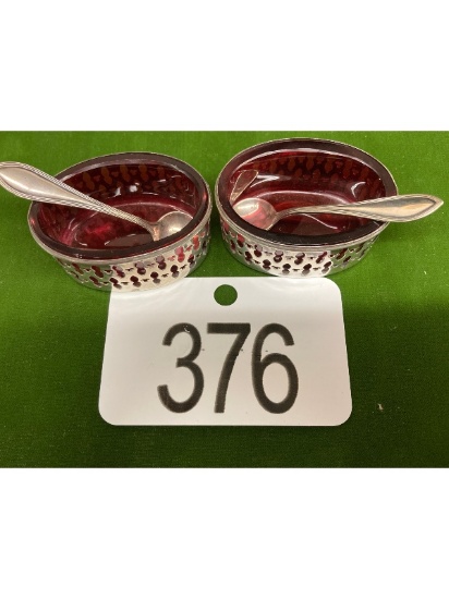 Cranberry Salts in Sterling Liners with Sterling Spoons