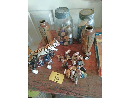 Glass Quart Jars, Spools, Buttons, Figurines, Etc.