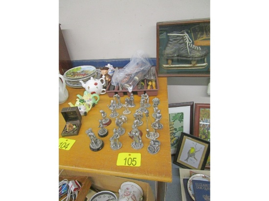 Pewter Figurines & Tray of Silverware