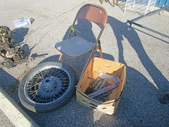 Chair, Motorcycle Wheel & Chainsaw Bars