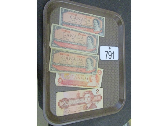 5 Canadian 2 Dollar Bills