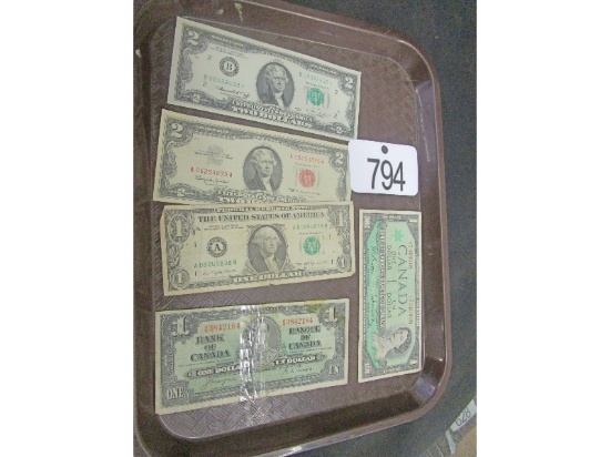 Canadian & US 1 & 2 Dollar Bills