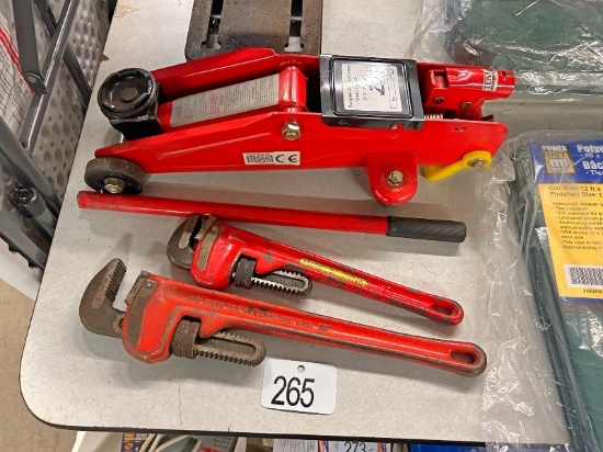 Floor Jack and 2  Pipe Wrenches