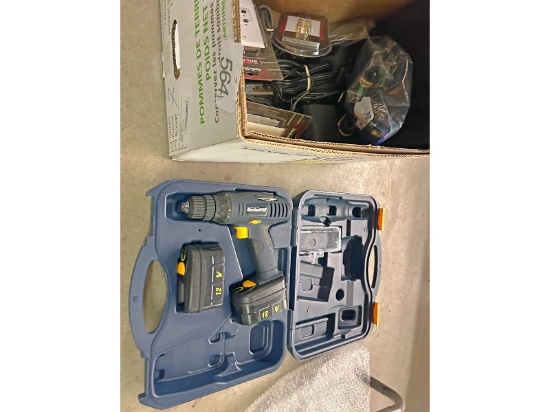 Box of electrical supplies and drills