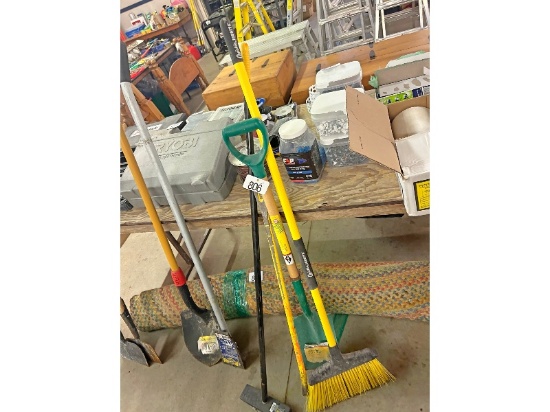 Wrecking Bar, Garden Spade and 2 Brooms