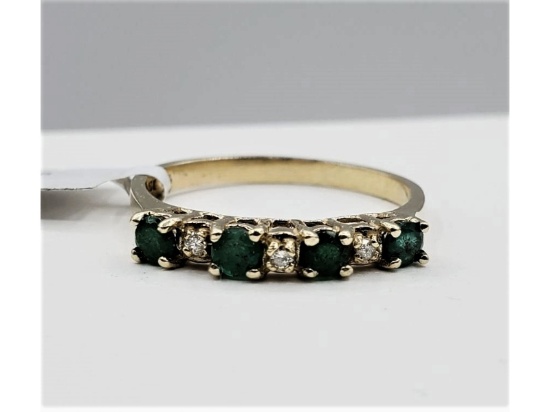 10kt Yellow and White Gold 2.5mm Natural Emerald With Diamond  Ring