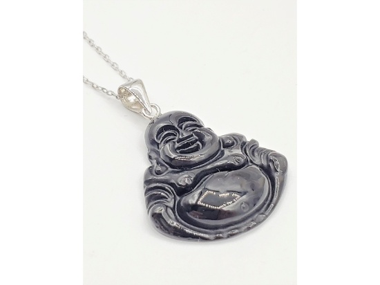 Black Onyx Smiling Buddha Pendant With Sterling Silver Chain