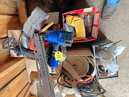 4 Boxfuls of Straps, Air Nailer, Nails, Circular Saw, Etc.