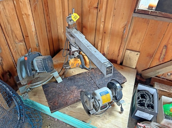Radial Arm Saw, Bench Grinder, Mitre Saw & Plywood