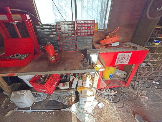 Steel Bench With Vise, Bolt Bins & Contents Below