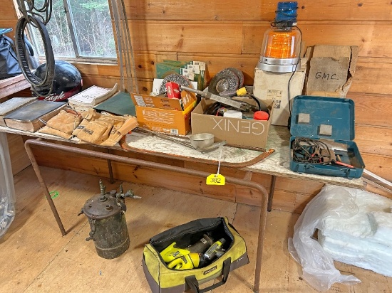 Contents of Table Including Beacon Lights, Fuel Nozzle, Ryobi Tools, Etc.