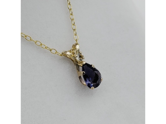 10kt Yellow Gold Natural Lolite Tear Drop Pendant With Chain