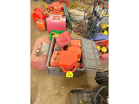 Tote of Gas Cans & Air Pig