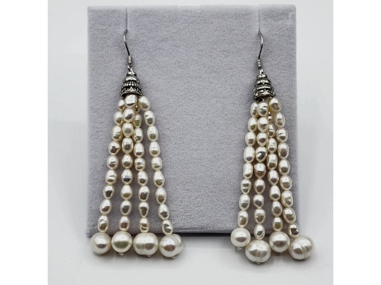 Sterling Silver 3" Fresh Water Pearl Dangling Earring