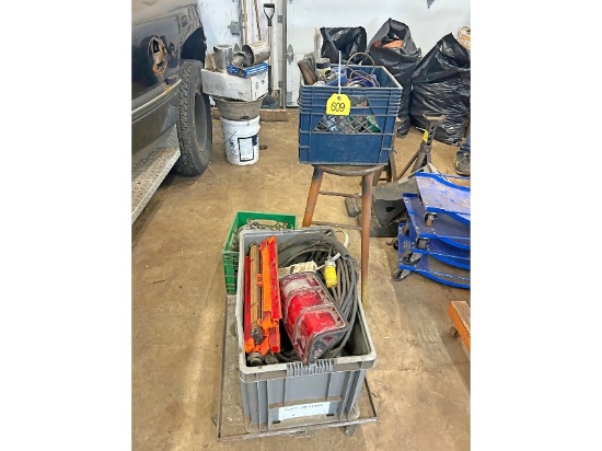 Tote of Extension Cords, Stool, Dolly & Crate
