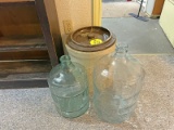 Crock With Lid & 2 Glass Jugs