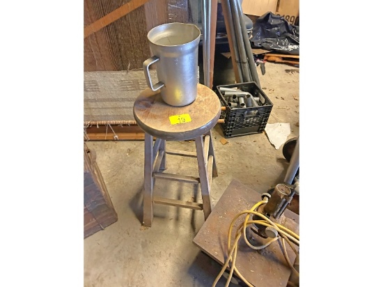 Wooden Stool & Aluminum Jug