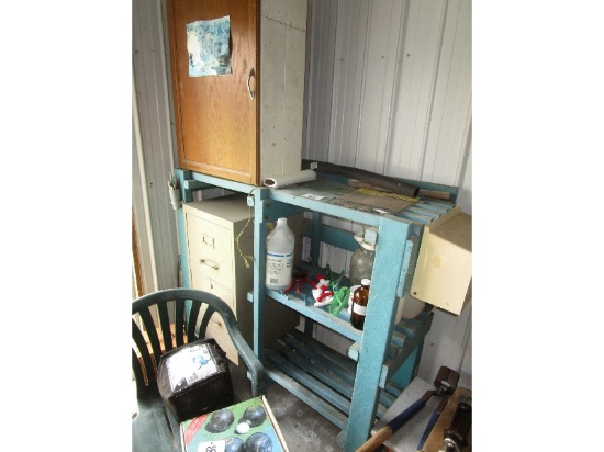 Blue Shelf with Contents Including Filing Cabinet
