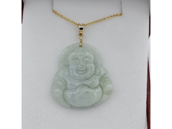 14KT Yellow Gold Jadeite Laughing Buddha Pendant With Gold Plated Sterling Silver Chain
