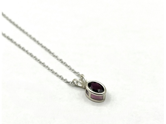 Sterling Silver Natural Garnet Pendant With Sterling Silver Chain