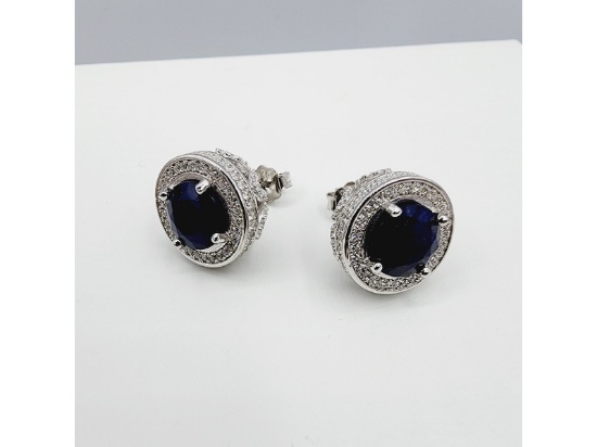 Sterling Silver Natural Blue Sapphire With CZ Earring