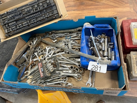 Box of Assorted Wrenches, Socket Holders, Etc.