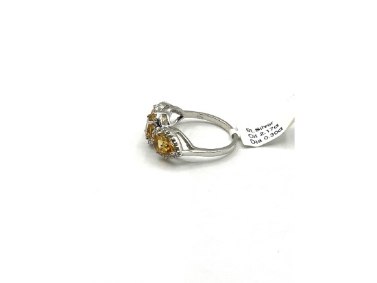 Sterling Silver Natural Citrine Quartz Natural CZ Ring