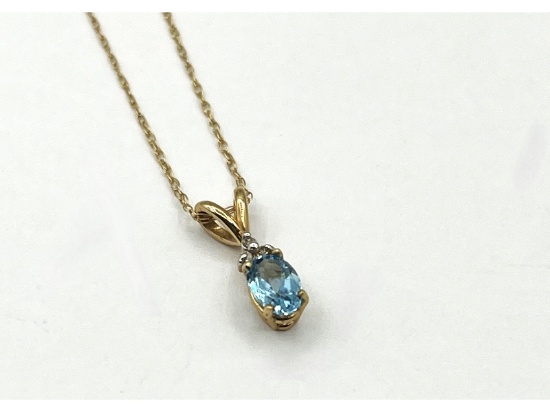 10KT Yellow Gold Natural Blue Topaz With Natural  Diamond & Gold Plated Sterling Silver Chain
