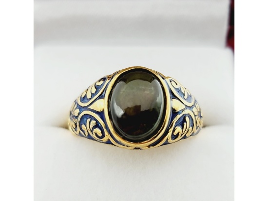10KT Yellow Gold Natural Blue Topaz With Natural  Diamond & Gold Plated Sterling Silver Chain