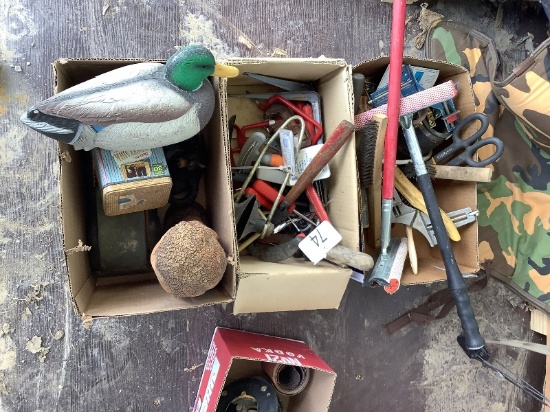 3 Boxes of Assorted Tools, Decoy, Etc.