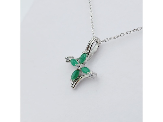 Sterling Silver Natural Emerald With CZ Pendant and Sterling Silver Chain