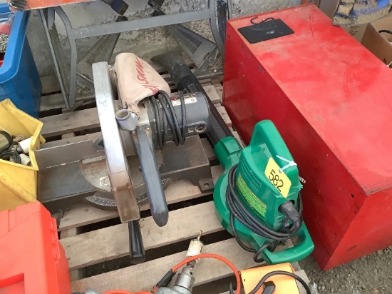 Leaf Blower, Workmate & Mitre Saw