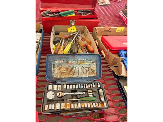 Red Toolbox with Tools, Tray of Tools & Set of Sockets