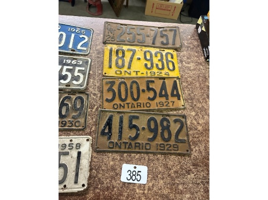 4 Ontario License Plates 1924, 1926, 1927, 1929