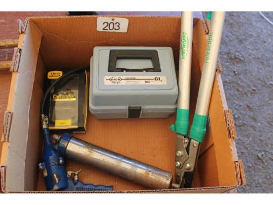 Chlorine Tester, I Phone Otter Box, Air Grease Gun & Pruners
