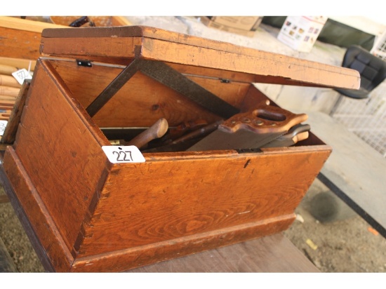 Carpenter's Toolbox & Contents Including Saws, Hatchets, Wooden Planes, Etc.