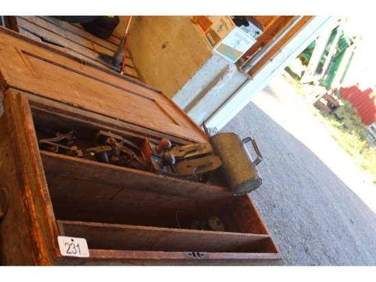 Carpenter's Toolbox & Contents Including Blueberry Picker, Wood Planes, Lantern, Etc.