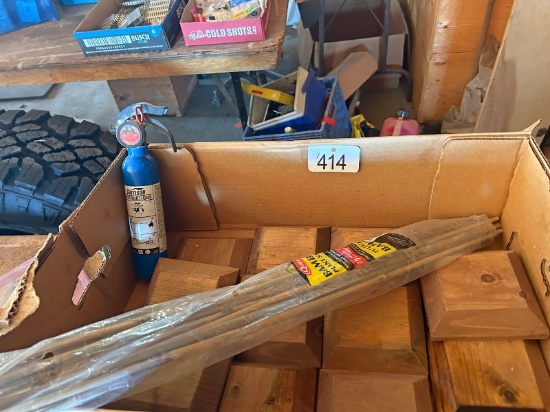Box with Wooden Post Caps, Bamboo & Fire Extinguisher