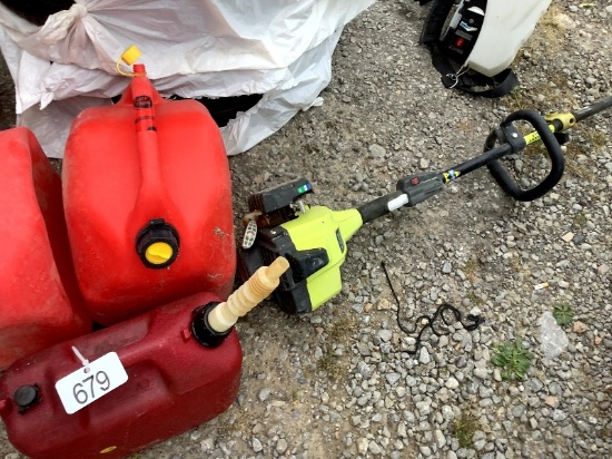 Ryobi Trimmer, Backpack Sprayer & 3 Gas Cans