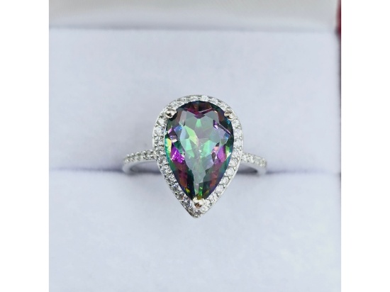 Sterling Silver Natural Mystic Quartz with CZ Ring
