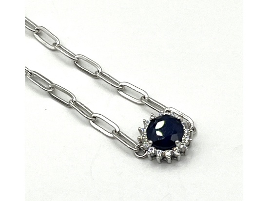 Sterling Silver Natural Blue Sapphire with CZ Bracelet