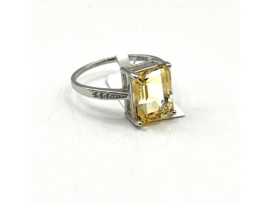 Sterling Silver Natural Citrine Quartz with CZ Ring