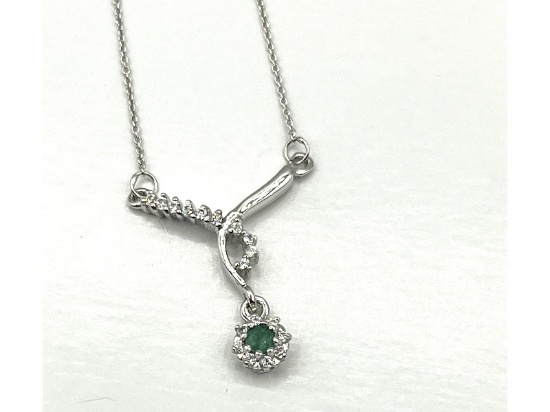 Sterling Silver Natural Emeral with CZ Necklace