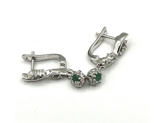 Sterling Silver Natural Emerald with CZ Earrings